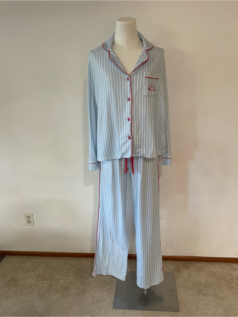P.J. Salvage Light Blue and White Striped Pajama Set with Red Trim - Picture 2 of 15